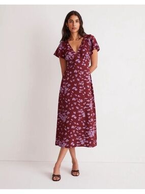 Madewell V-Neck Flutter-Sleeve Midi Dress Cabernet Red Purple 00 NN389